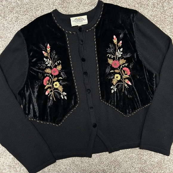 Susan Bristol Sweaters - Vintage Susan Bristol Cardigan Sweater Size XL Velvet Trim Tassel Embroidered